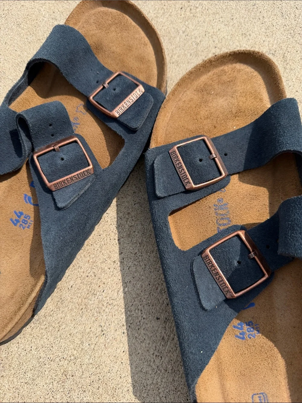 Birkenstock Blue Suede Two-Strap Slide Sandals with Copper Buckles